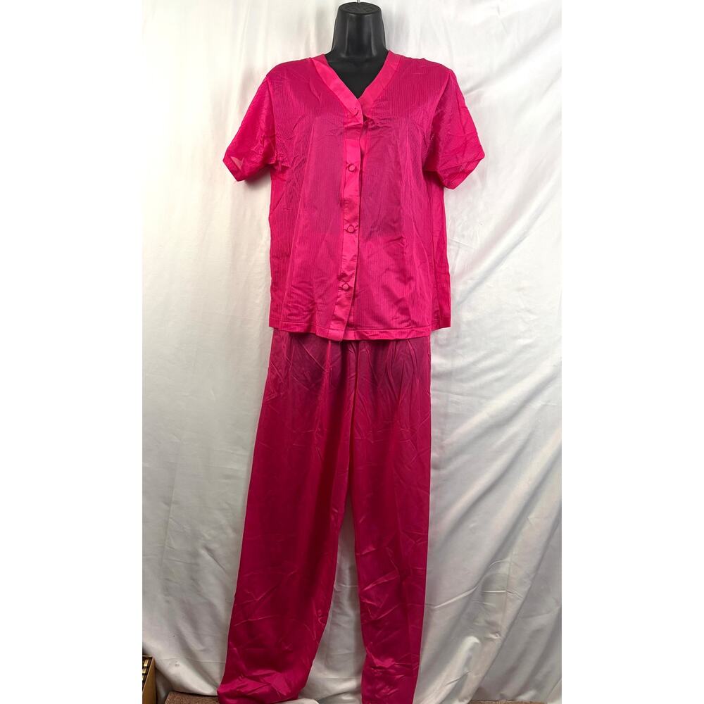 Vintage 80s 90s Carriage Court Sears Hot Pink Satin 2pc Pajama Set X Small USA